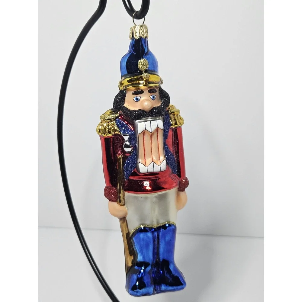 Blown Glass Nutcracker Soldier Christmas Tree Ornament Red Blue Gold Glitter 7